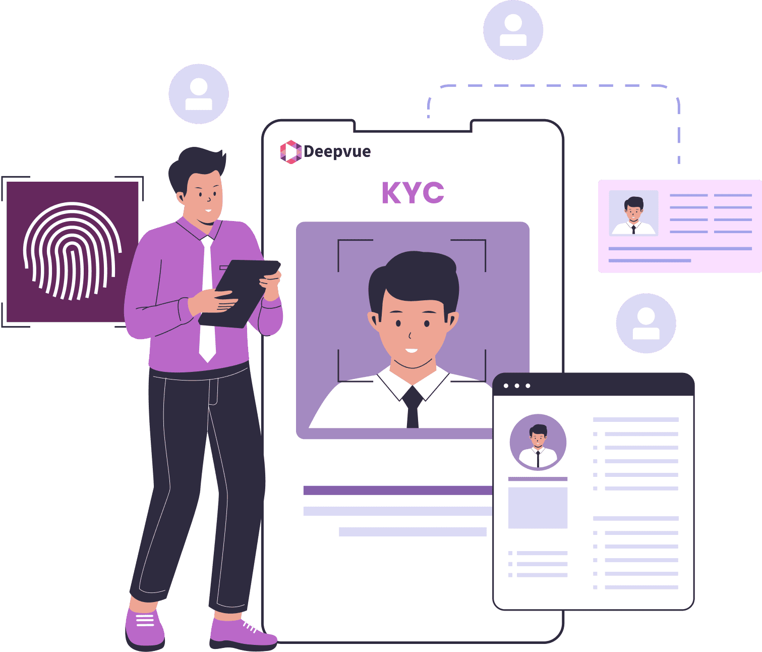 Illustration of a man holding a tablet next to a digital KYC (Know Your Customer) profile, fingerprint icon, and digital ID elements.
