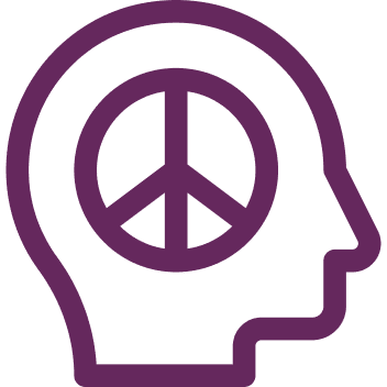 Outline of a human head with a peace symbol inside, depicted in purple lines on a transparent background.