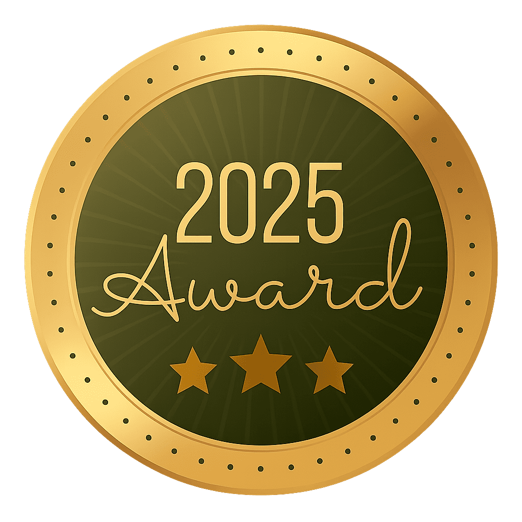 Gold and green circular badge with the text "2025 Award" and three stars displayed below the text.
