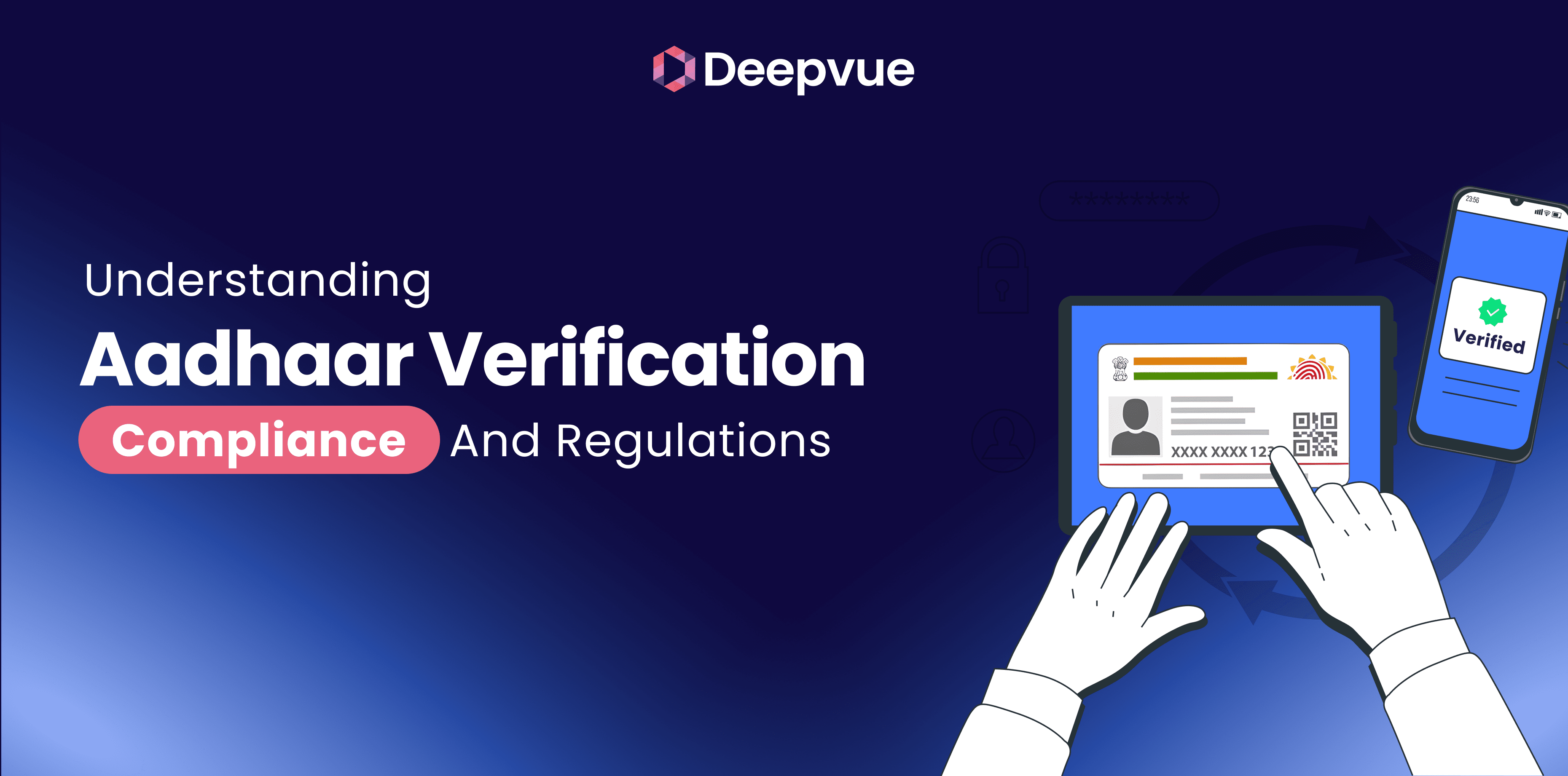 A graphic showing hands holding an Aadhaar card, a "Verified" phone screen, and text about Aadhaar verification compliance and regulations, with the Deepvue logo at the top.