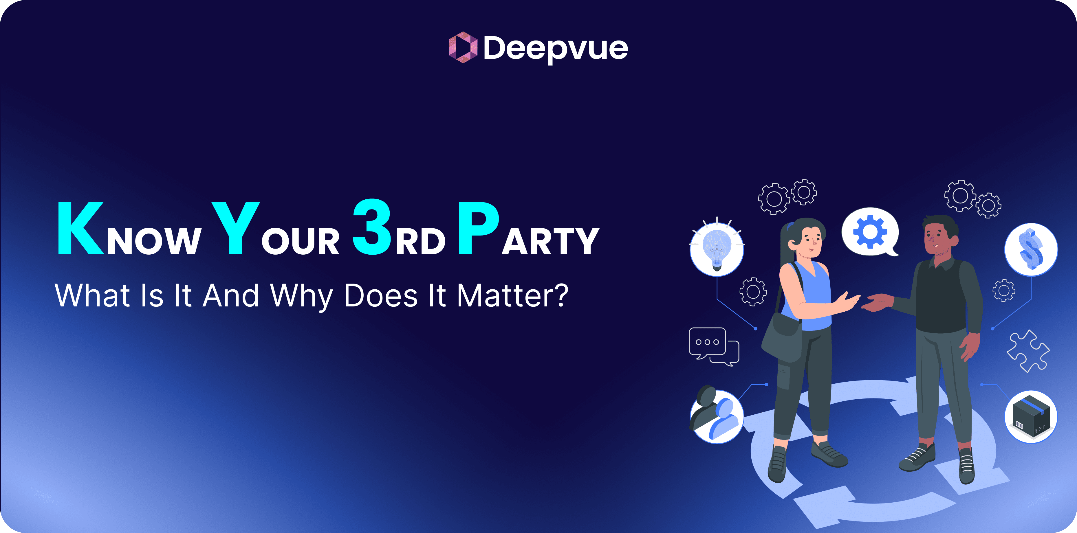 A digital banner with the title “Know Your 3rd Party: What Is It And Why Does It Matter?” featuring two illustrated people shaking hands, surrounded by business and tech icons, highlighting the importance of third party risk and KY3P awareness.