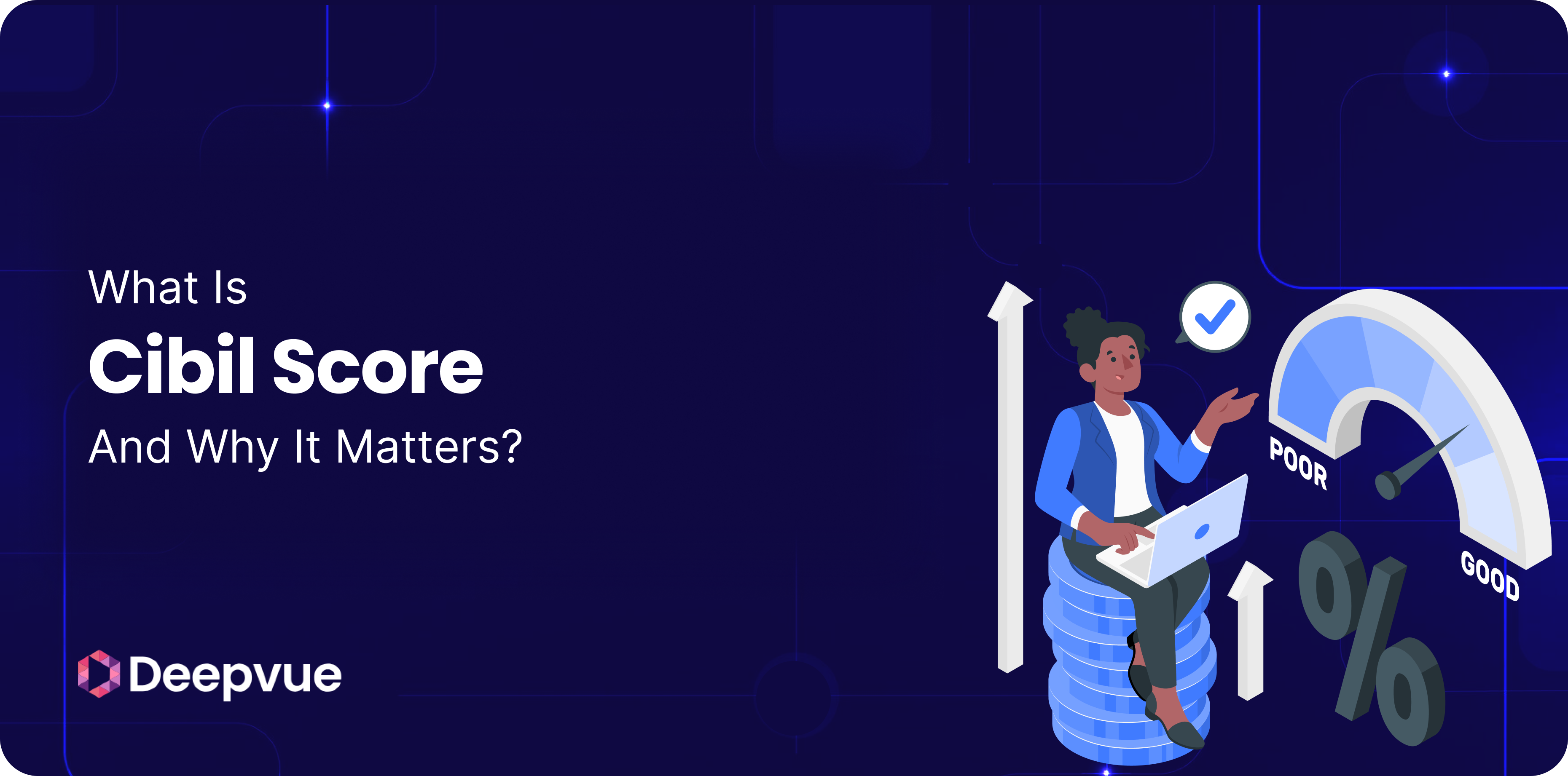 A person sitting on coin stacks with a laptop gestures toward a large gauge labeled "Poor" to "Good," illustrating the concept of credit score. Text reads: "What is CIBIL Score and Why It Matters?.