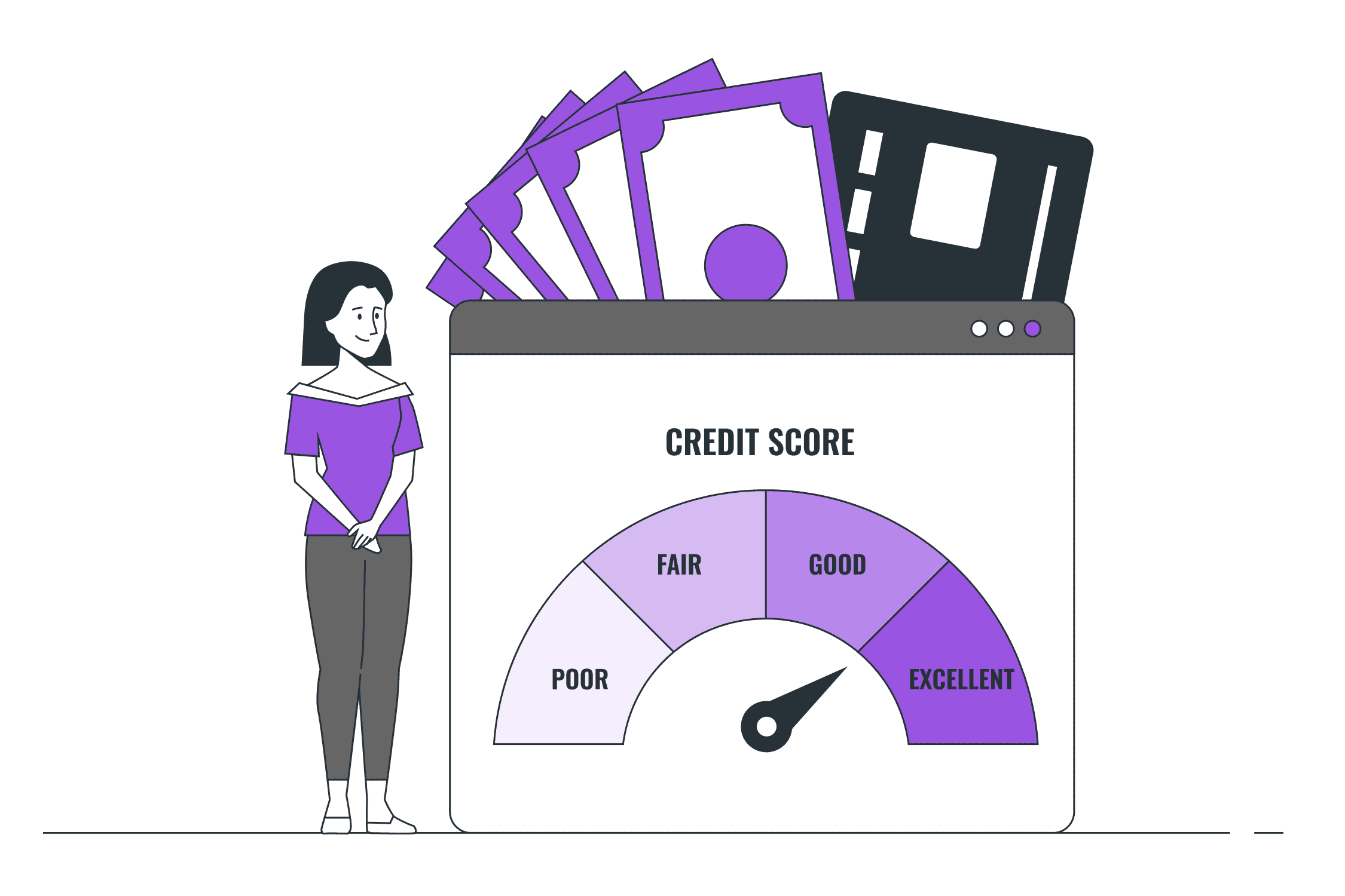 Illustration of a woman standing beside a credit score gauge pointing to "Excellent," with money and a credit card above the gauge.